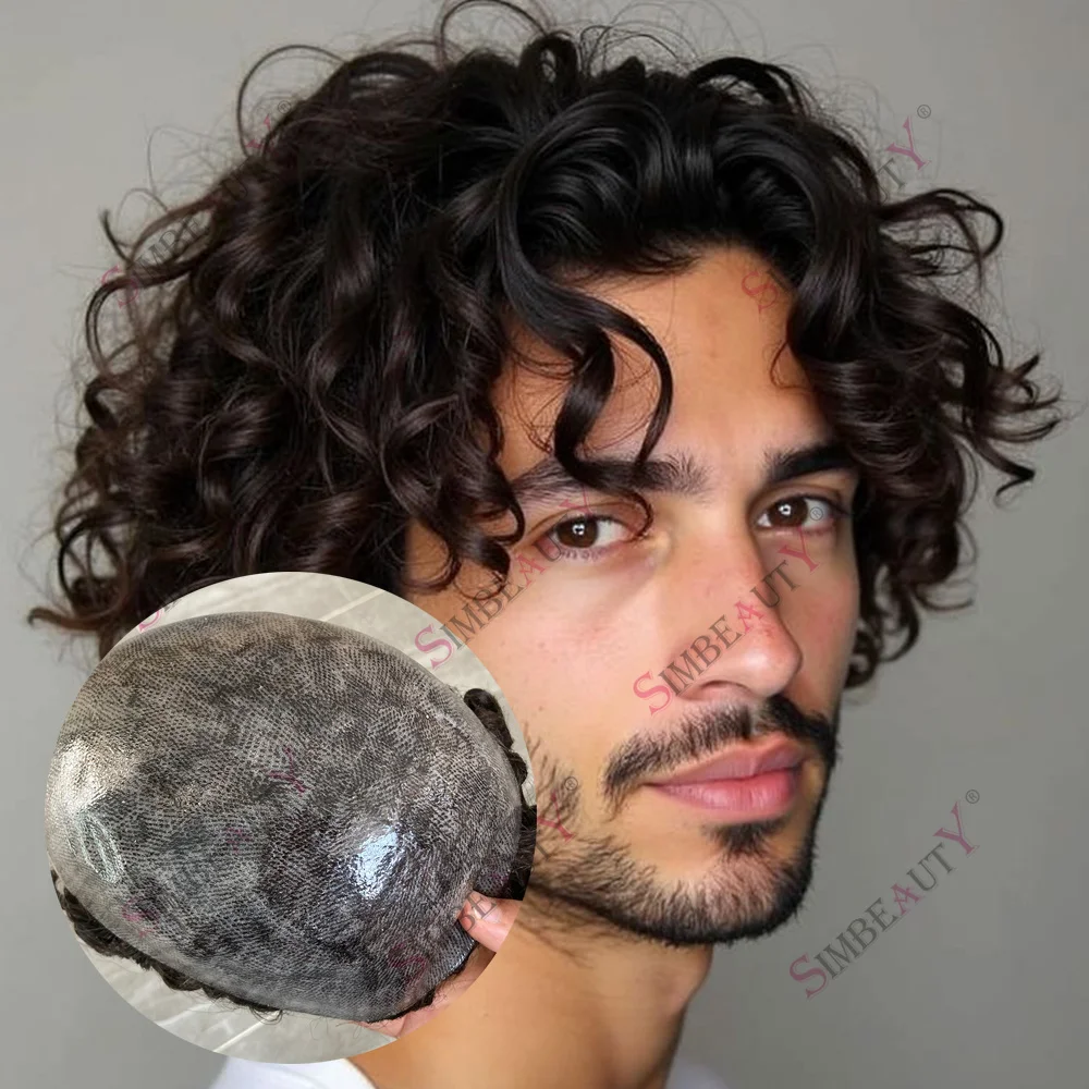 

Undetectable Natural Frontline 26mm Curly Mens Toupee Wig Human Hair Replacement Prosthesis Durable 0.1mm Skin Brown Hair System