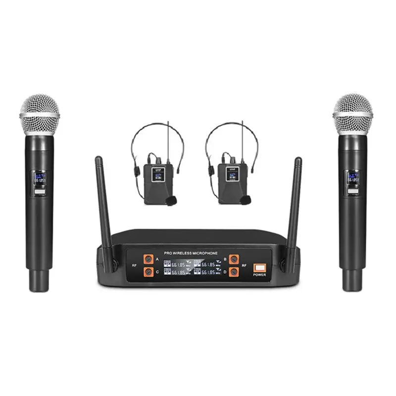 

AA60-Wireless Microphone+ Headset Set 4 Channel UHF Fixed Frequency Dynamic Microphone System For Karaoke Band Church