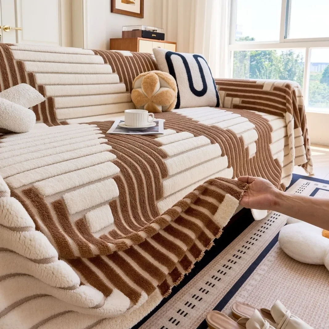 Sofa Cover Thicken Plush Jacquard Solid Color Non-Slip Couch Cushion for Living Room Soft Universal Sofa Cover Towel Sofa Mat