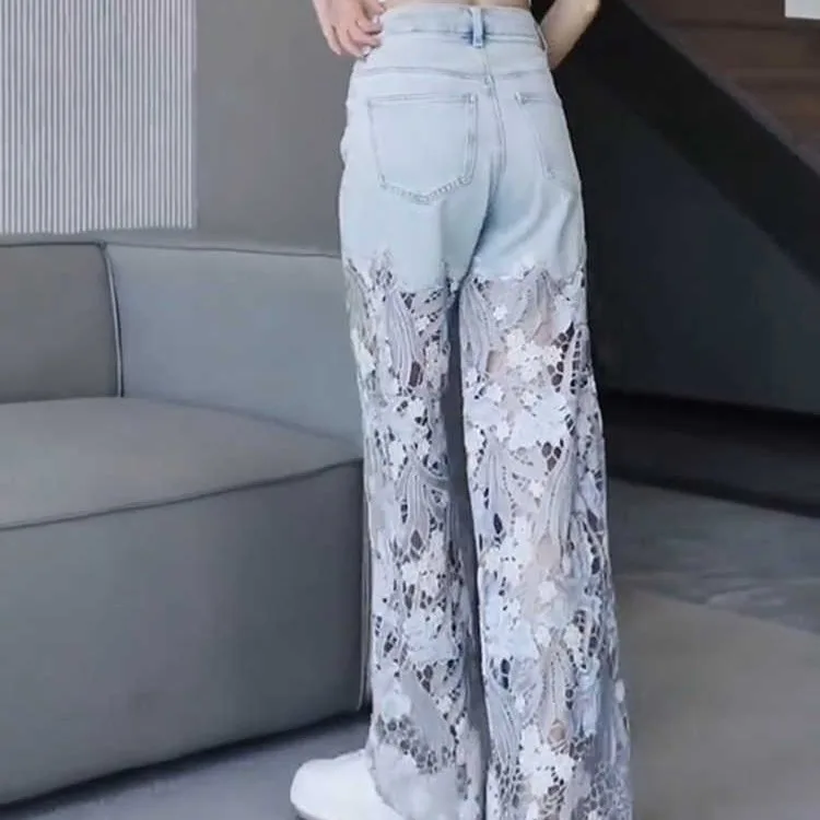 Kant patchwork jeans met rechte pijpen dames zomer kleine maat denim broek blauwe lange broek lente seizoen dames premium faion