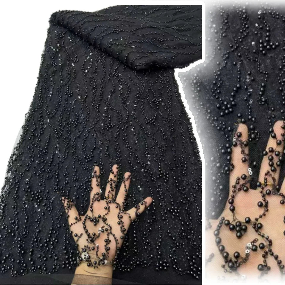 

Solid Color Beaded Sequin Fabric Lace Pearl Raindrop Pattern African High Quality 2025 Lace Fabric for Sewing Women's Dress 1306