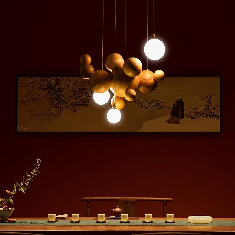 Designer's Solid Wood Pendant Light Creative Art Kitchen Restaurant Hanging Lamp New Chinese Hotel Wooden Ball Bar LED Lighting