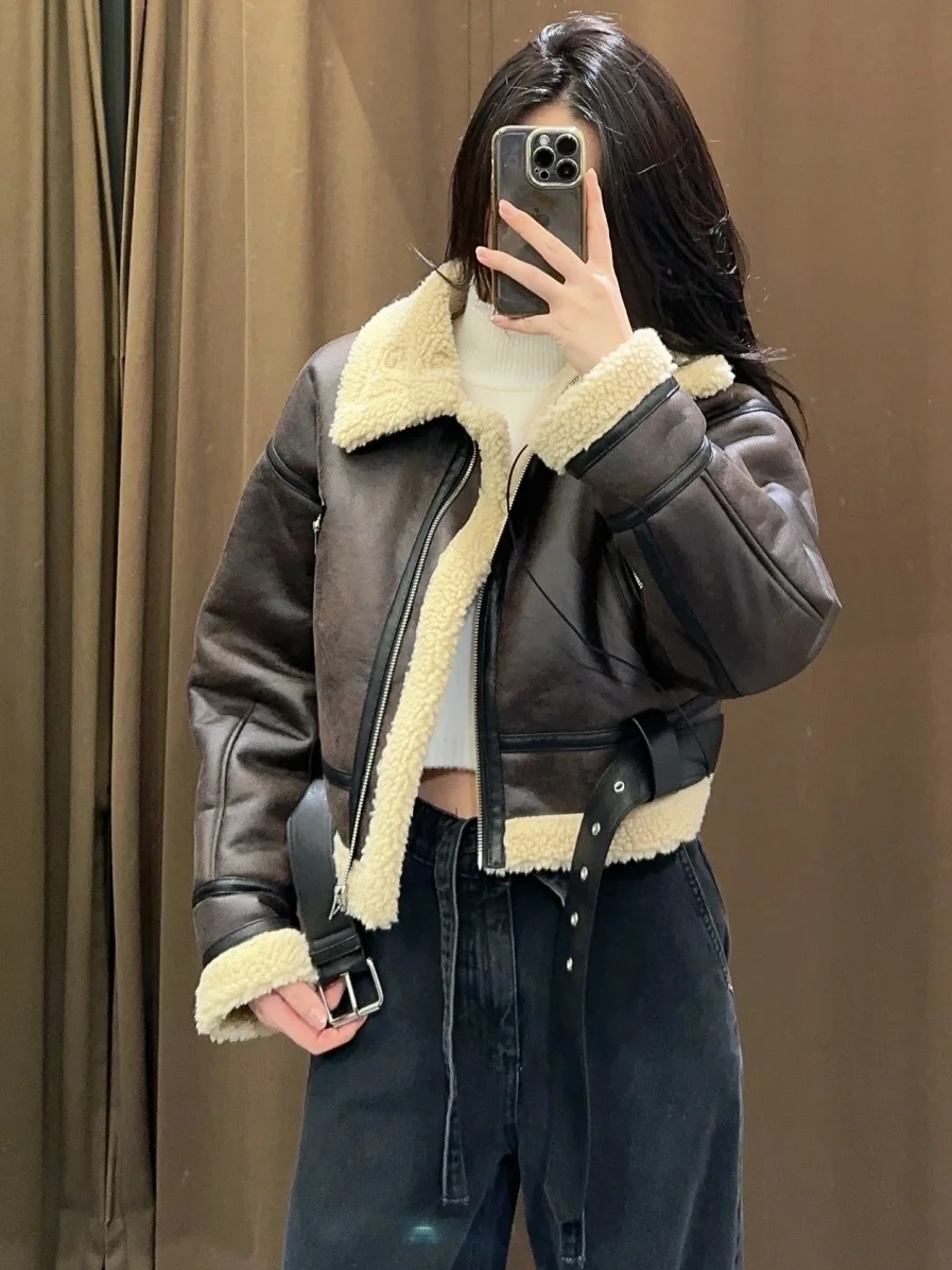 เสื้อโค้ทผู้หญิง WMXZ รุ่นใหม่ประจำฤดูใบไม้ร่วงและฤดูหนาว บุขนเทียม สไตล์ไบค์เกอร์ แบบสองด้าน ให้ความอบอุ่น เหมาะสำหรับใส่เดินทาง