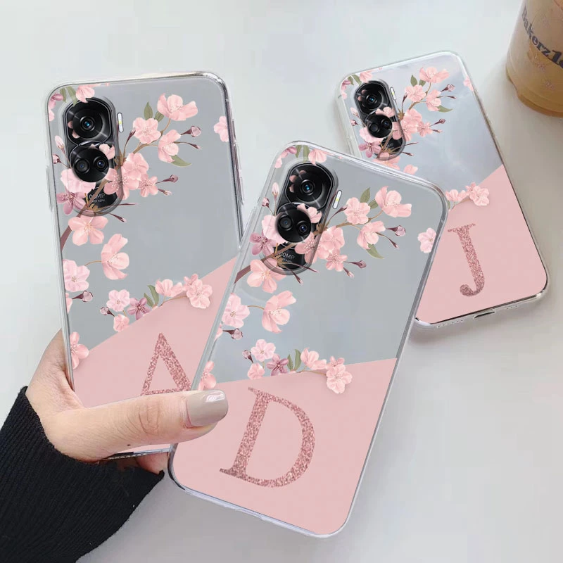 Clear Initial Letter Case For Honor 90 Lite Phone Cover Pink Flowers Alphabet Soft Silicone Coque For Honor 90Lite Shockproof