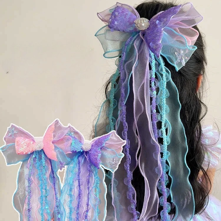 

Girls' Iridescent Hair Clip – Large Bow with Sparkly Sequins & Flowing Ribbon Tails, Mermaid-Inspired Hair Accessory