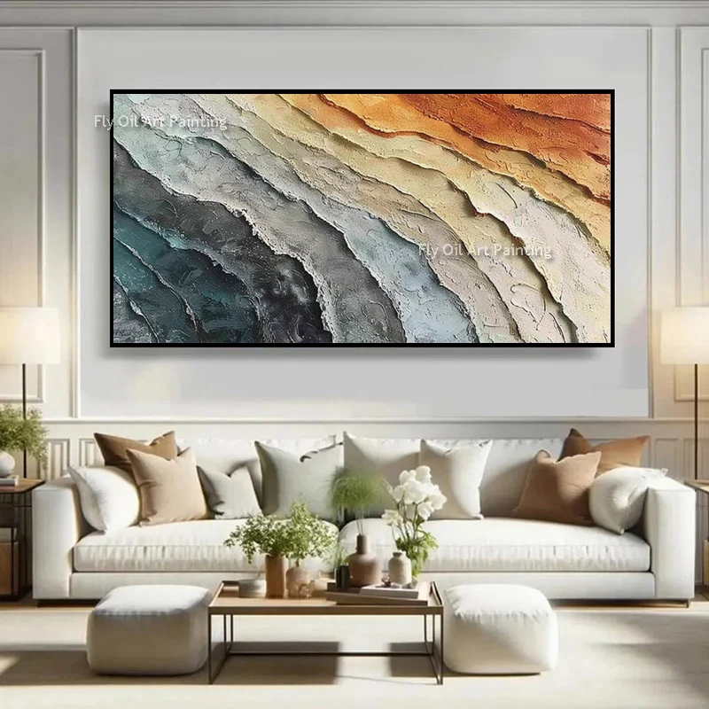 Special Colorful Wave Canvas Artwork New Abstract White Green Mountain Landscape Oil Painting Handmade Brown Seaside Wall Art