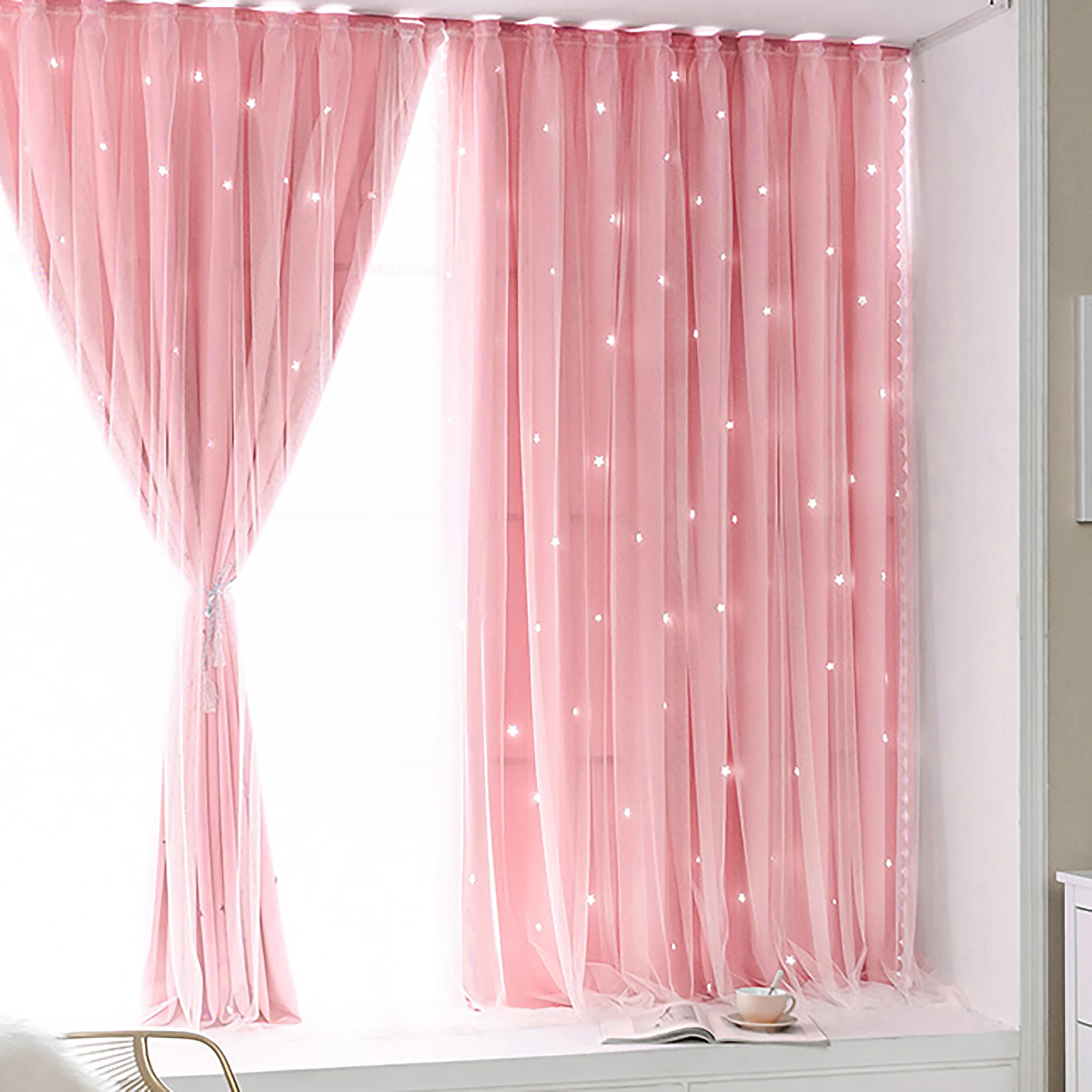 1pcs Fashion Velcro Blackout Curtains with Star Translucent Pattern for Children's Bedroom, Study Room, Living Room Decoration