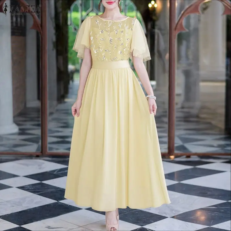 ZANZEA 2026 Elegantes Partykleid Sommer Mesh-Patchwork-Sundress Stilvolles Damen-Paillettenkleid A-Linie Plissiertes Kleid Kurzarm Vestidos