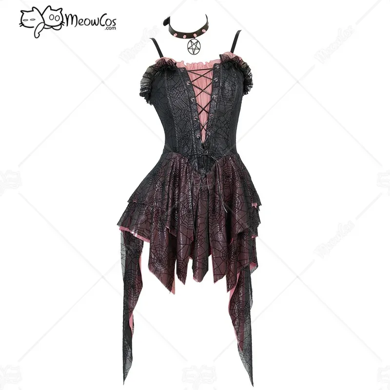 

MEOWCOS Women Midnight Rose Gothic Black Pink Spider Web Dress See Through Ruffle Dress with Choker