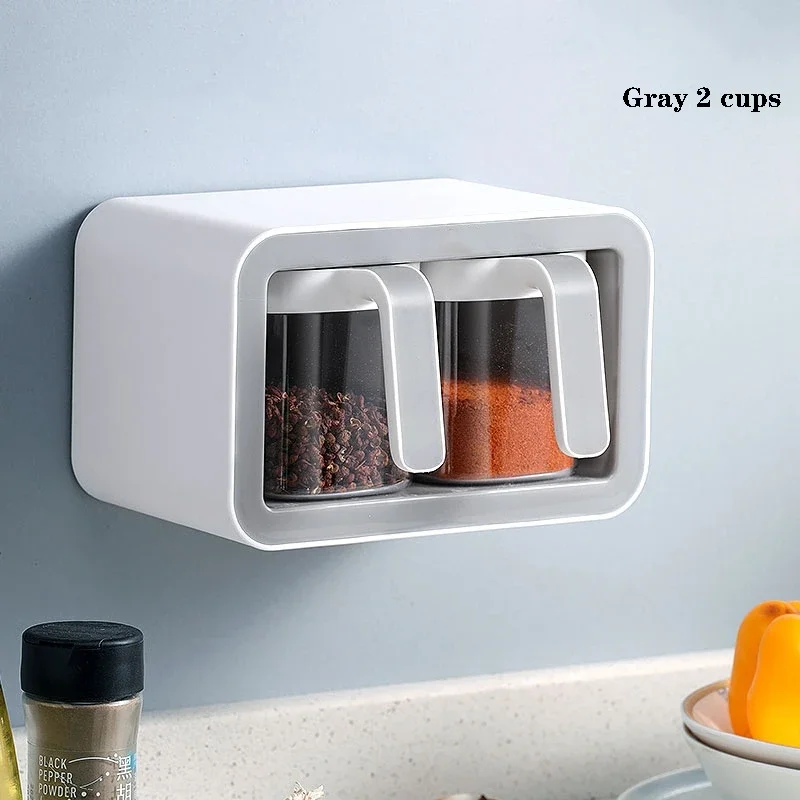 Wall Mount Spice Rack Organizer Sugar Bowl, Salt Shaker Seasoning Container Spice Boxes with Spoons Kitchen Supplies Storage Set