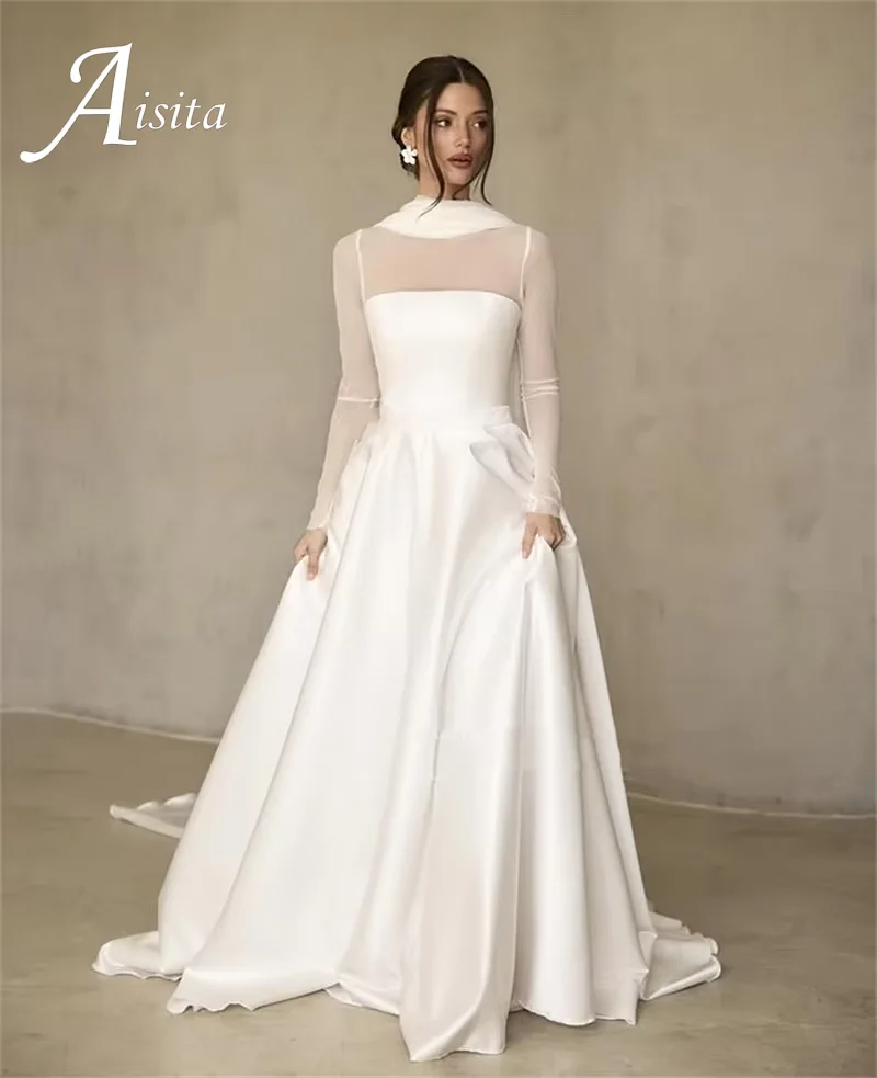 Modern Lady Satin Wedding Dresses A-Line High Neck Illusion Long Sleeves Bride Dresses Scarf Women Civil Bridal Gown Customized