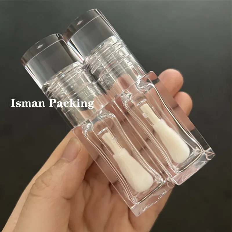 

50Pcs empty round full transparent lipgloss container square clear crystal lip gloss bottle tubes with big wand brush 8ml