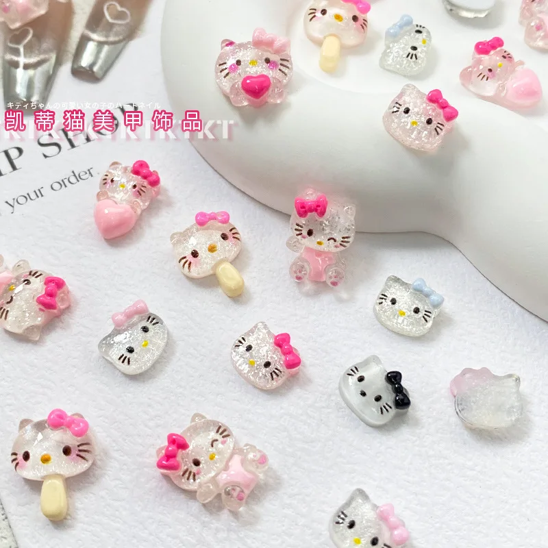 10pcs Sanrio Hellokitty Nail Charms Cute 3d Black Pink Blue Bow Kitten Resin Diamond Hello Kitty Heart Shape Nail Decoration