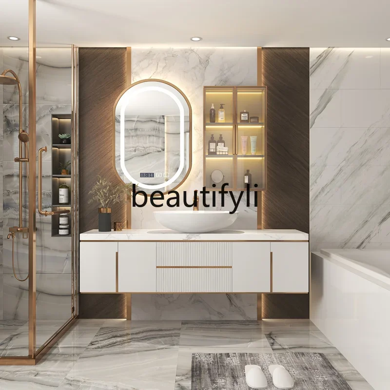 American light luxury bathroom cabinet combination solid wood washstand basin toilet washstand rock slab bathroom cabinet