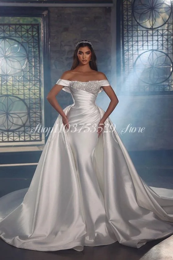 

Elegant Satin Mermaid Wedding Dress White One Shoulder Sparkling Diamante Applique With Train Formal Occasion فساتين سهره