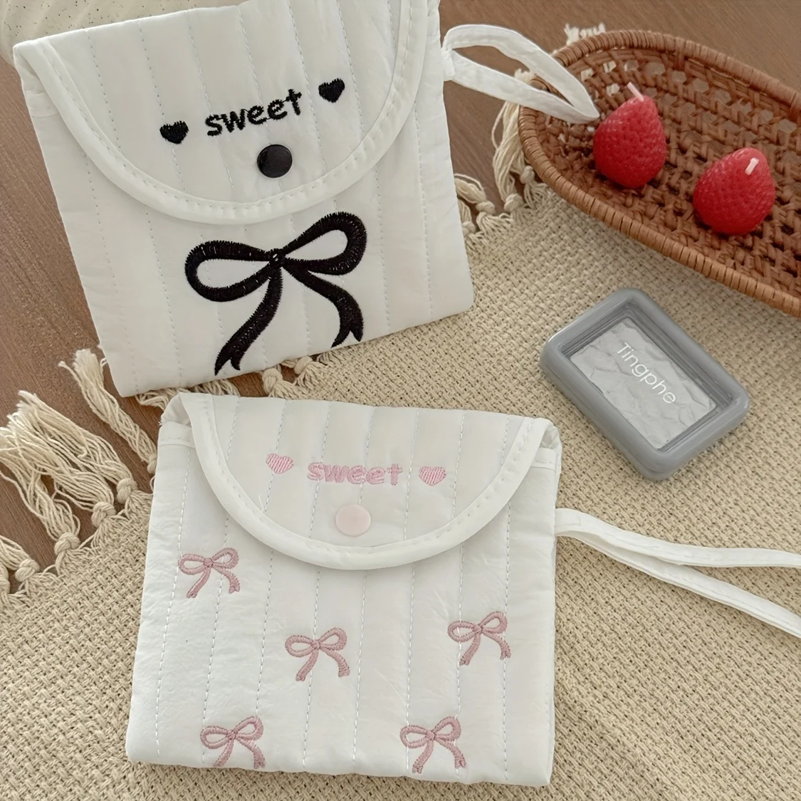 Sweet Bowknot Sanitary Napkin Storage Bag, Cosmetic Storage Pouch, High-Looking Portable Korean-Style Large-Capacity Embroidered Clutch Bag
