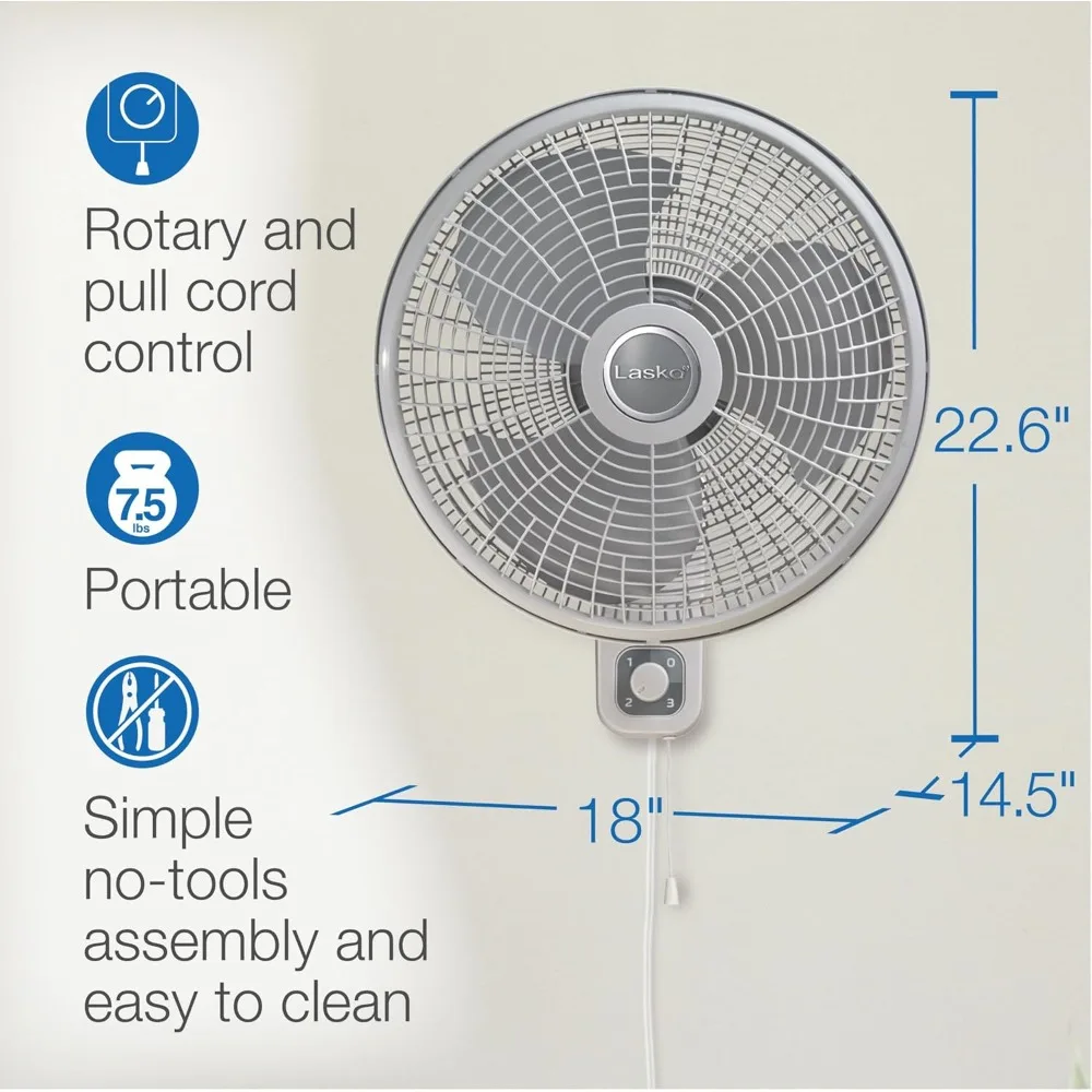 16" 3-Speed Oscillating Wall Mount Fan for Indoor Use, Light Grey