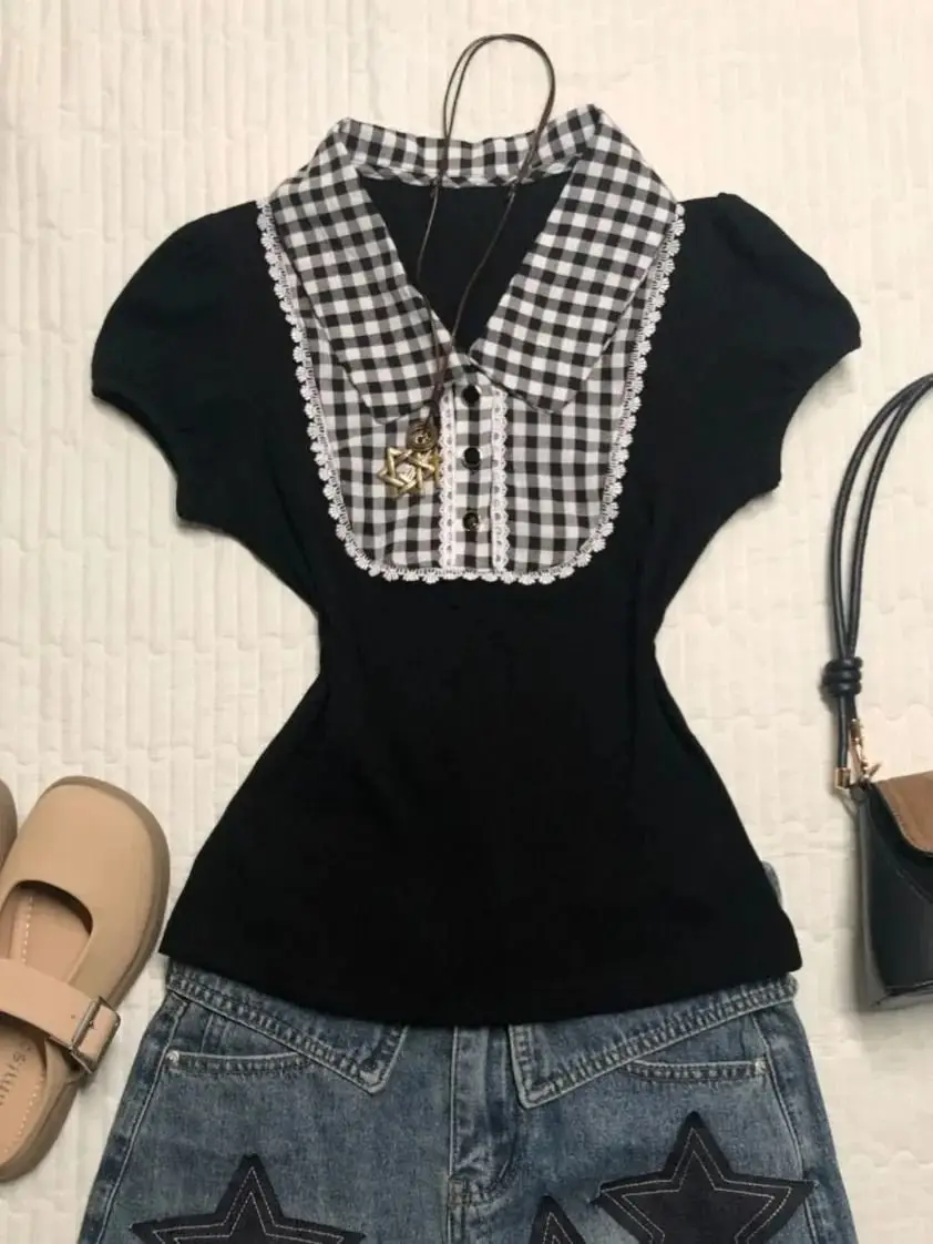 Patchwork Graphic T Shirts Grunge Harajuku Y2k Top Plaid Shirts for Women Ropa De Mujer Crop Summer New T-shirts