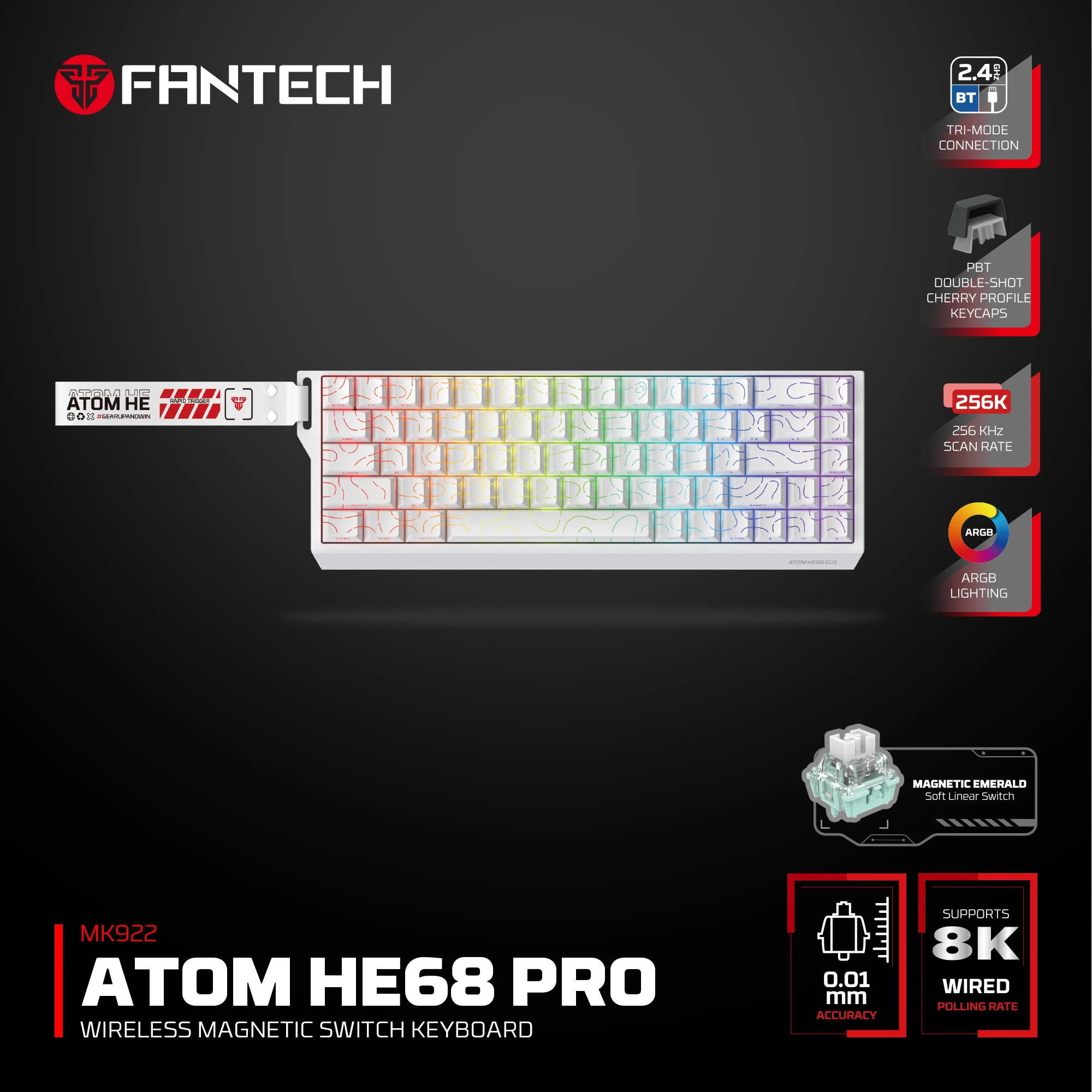 FANTECH ATOM HE68 PRO Wireless Mechanical Keyboard 8K Polling Rate Magnetic Switches and PBT Keycaps Web Macro Gaming Keyboard