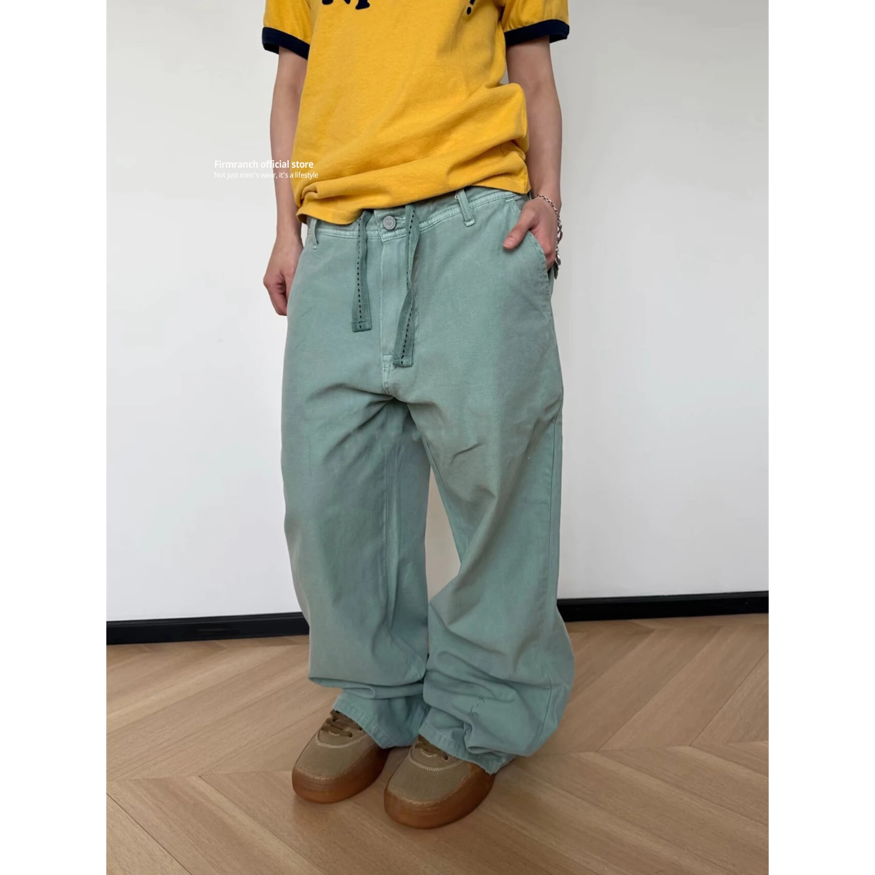 

Firmranch новые стильные мешковатые мятно-зеленые рабочие брюки в стиле ретро для мужчин и женщин, уличные повседневные прямые брюки с завязками