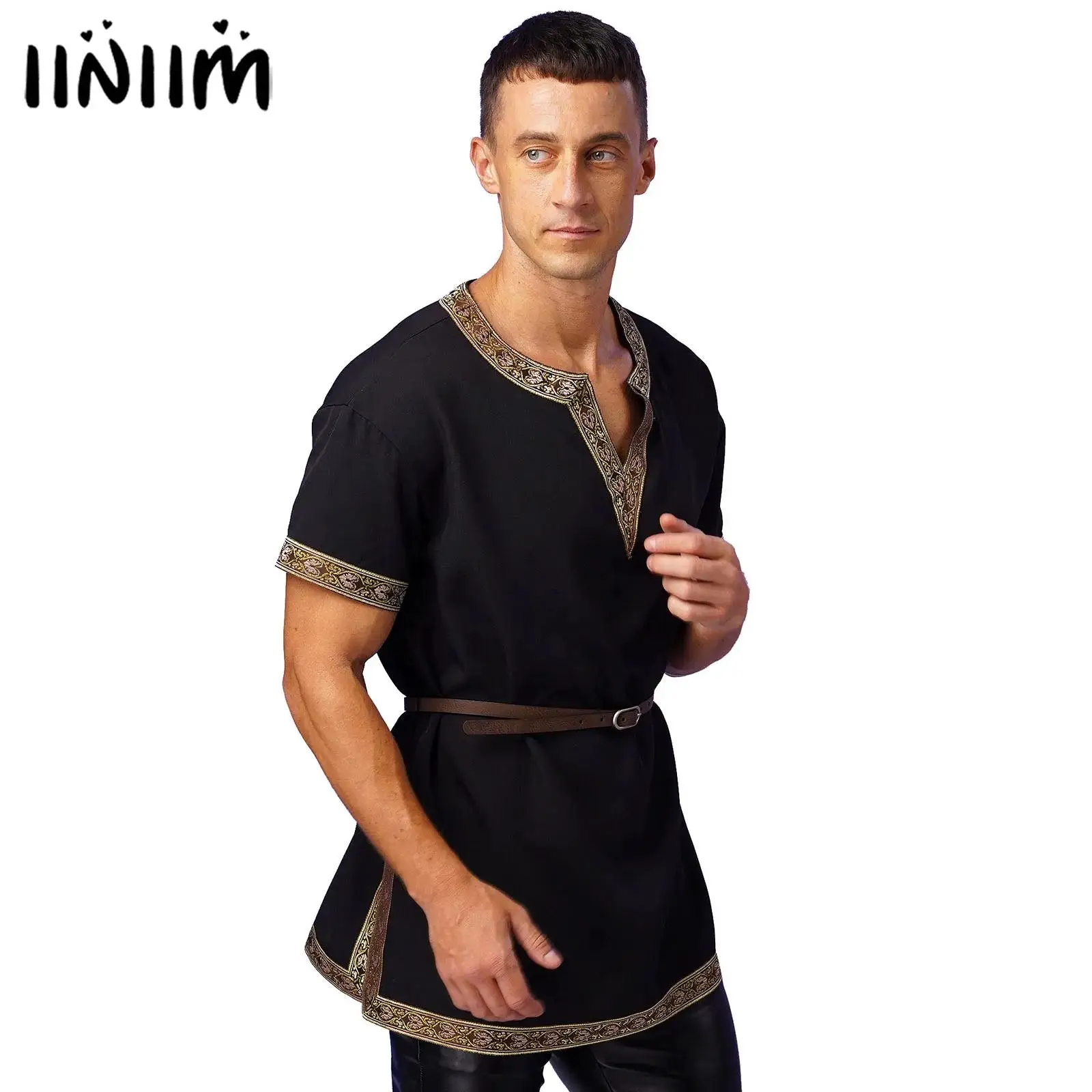 

Men's Medieval Renaissance Top Viking Costume Retro Pattern Trims Tunic Shirt with Belt Halloween Knight/pirate Cosplay Party