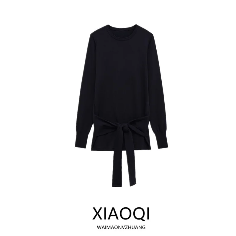 

Облегающий круглый вязаный свитер Ne Long Sve, осеннее новое поступление, женский модный свитер с плоским плетением, украшенный узлом в европейском стиле