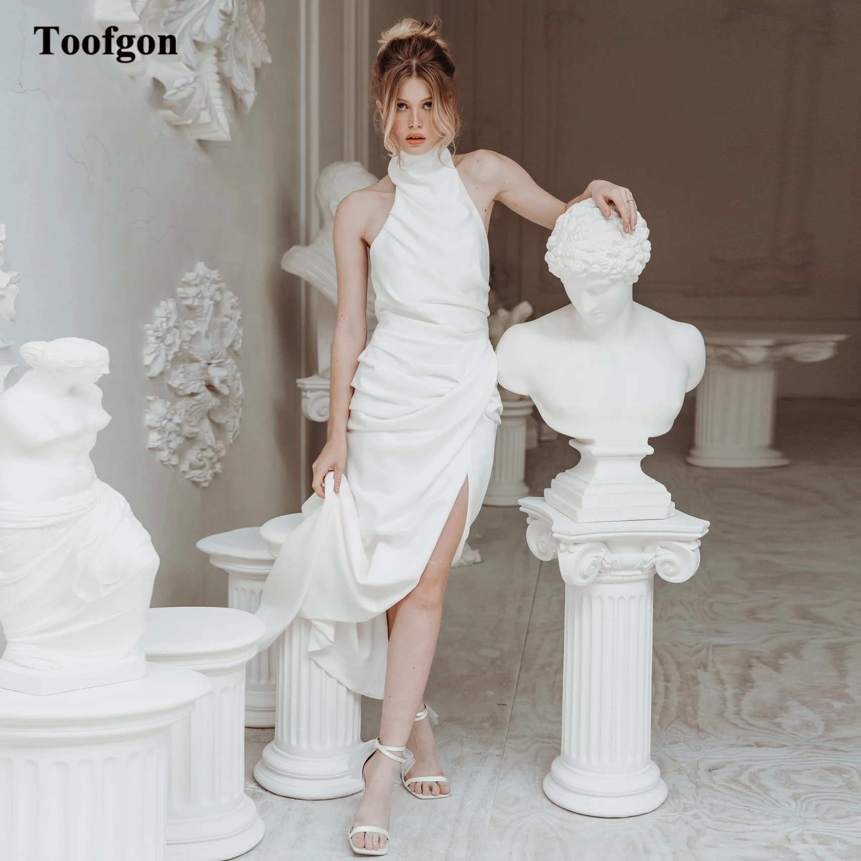 

Toofgon Vintage Silk Satin Wedding Dresses Halter Split Side Bride Dress Sexy Sheath Backless Formal Bridal Gowns 웨딩드레스