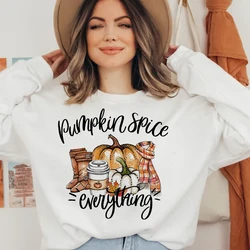 Pumpkin Spice Everything Print Sweatshirt Thankful Grateful Fall Hoodie Women Fashion Autumn Holiday Pullover Top Famale Clothes