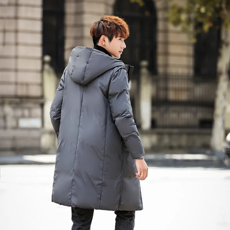 Men's Long Hooded Thickened White Duck Down Coat Korean Style Winter Outdoor Fashion