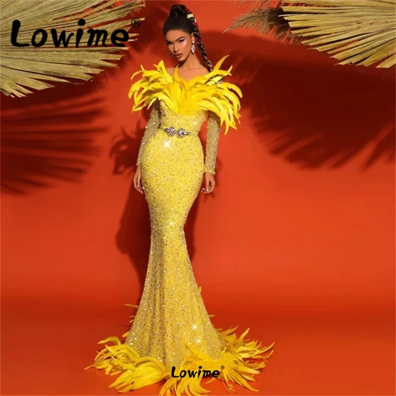 Yellow Feather Women Evening Dress Formal Long Sleeves Mermaid Beaded Party Gowns Dubai Arabic Celebrity Prom Dresses Robes 2022