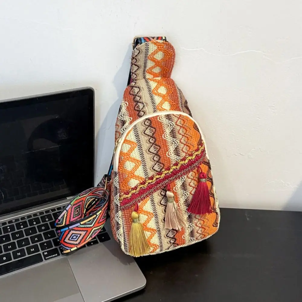 Embroidery Bohemian Shoulder Bag Colorful Korean Style Woven Bag Fringe Chest Bag Tassel Handbag Ethnic Style Crossbody Bag Boys