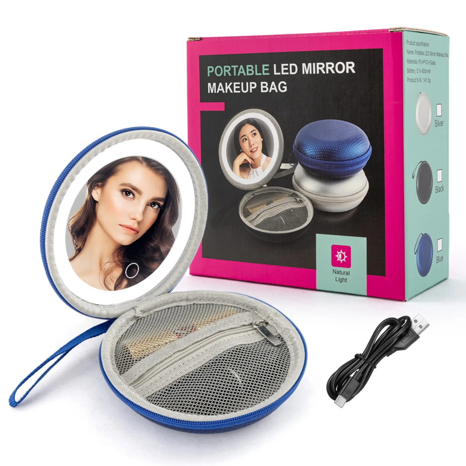 Espelho de maquiagem de couro portátil - com escurecimento por toque, armazenamento de batom embutido, alça suspensa e recarregável