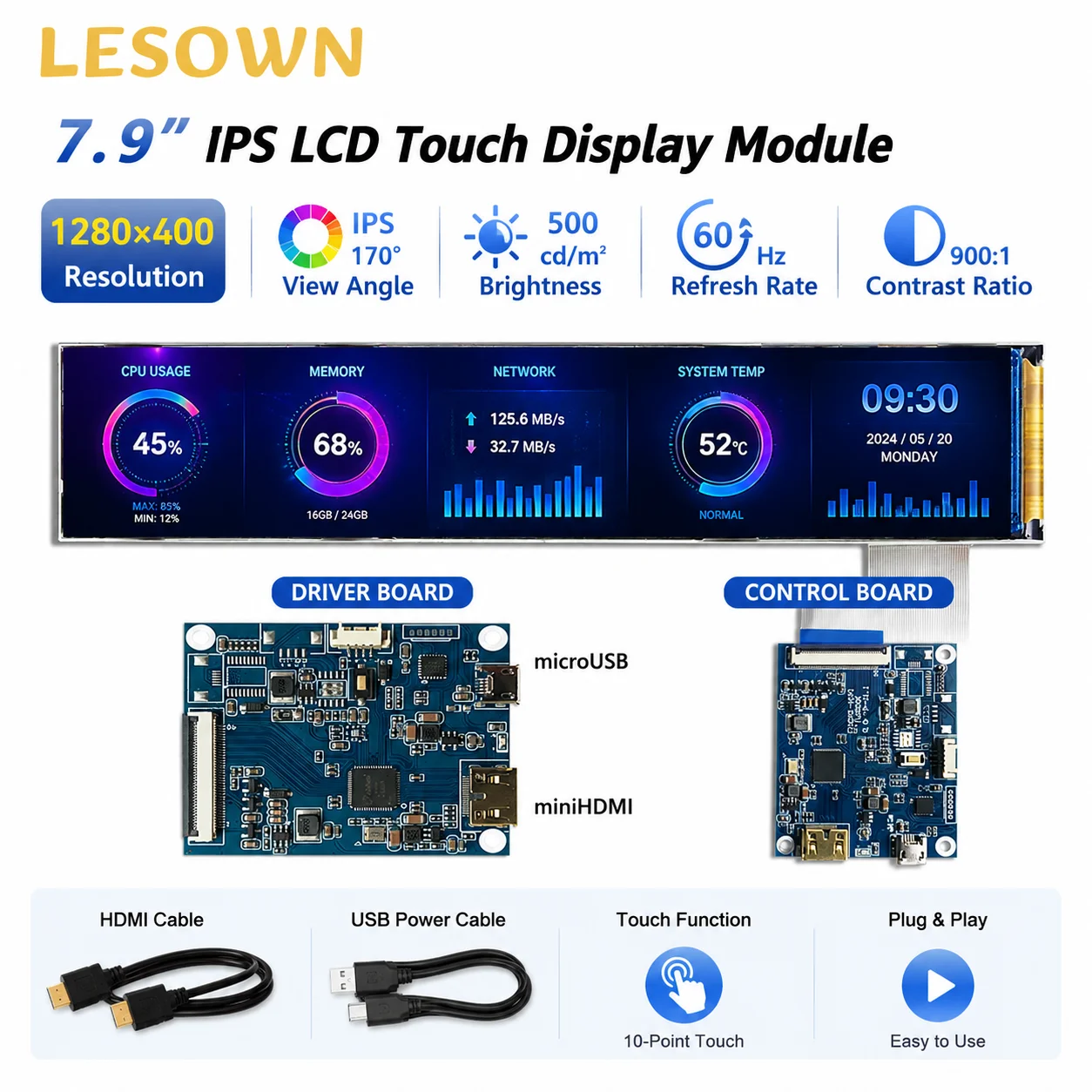 

LESOWN MiniHDTV MIPI Monitor 7.9 inch Plug & Play 500 nits Bar Pantalla de Visualización with Cable