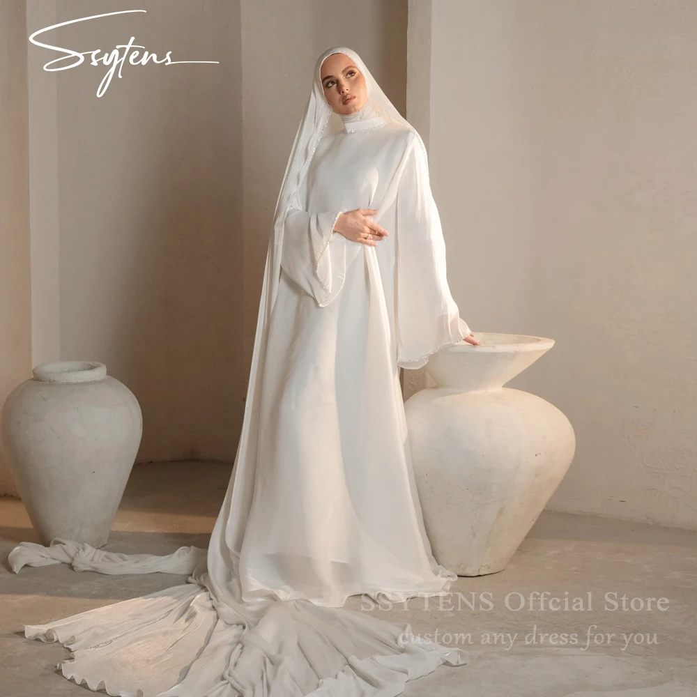 

SSYTENS Мусульманские простые свадебные платья с длинными рукавами, атласное свадебное платье с блестками, платье русалки по индивидуальному заказу, платья de novia