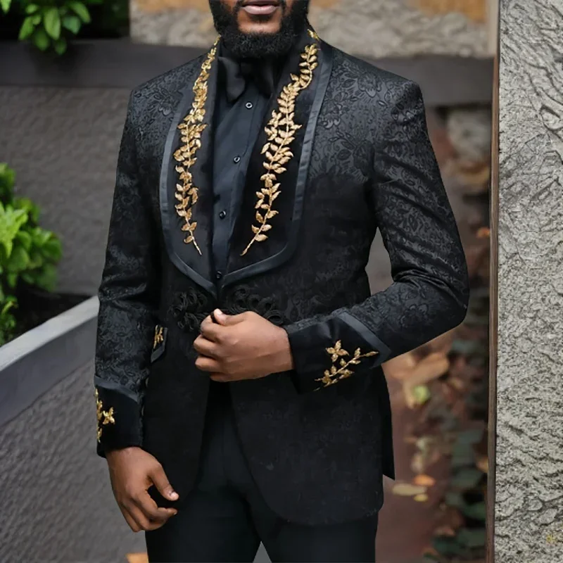 

Black Floral Men Suits with Buttons Shawl Lapel Jacket with Pants 2 Piece Wedding Groom Tuxedo ( Blazer + Trousers) 2024