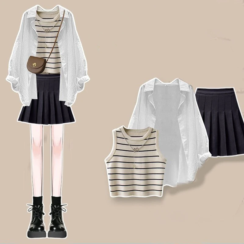 Spring Autumn Women Daily Cozy Clothing Set 2024 Korean Lady Fashion Stripe Vest White Loose Shirt Denim Pants Suit Jeans Outfit