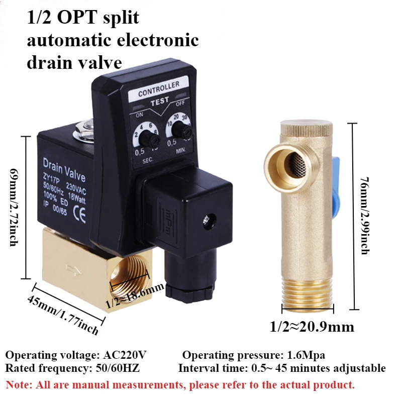 Automatic Electronic Timing Drainage Valve 1/2 OPT Split/connected Dn15 Brass Irrigation/air Compressor Drain Switch AC220v