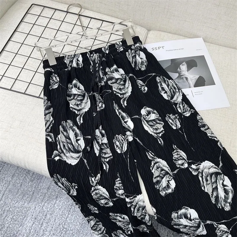 Chiffon Summer Wide Leg Pants Pleated Vintage Floral Print Fashion Casual Loose Elastic Waist Straight Thin Mopping Trousers