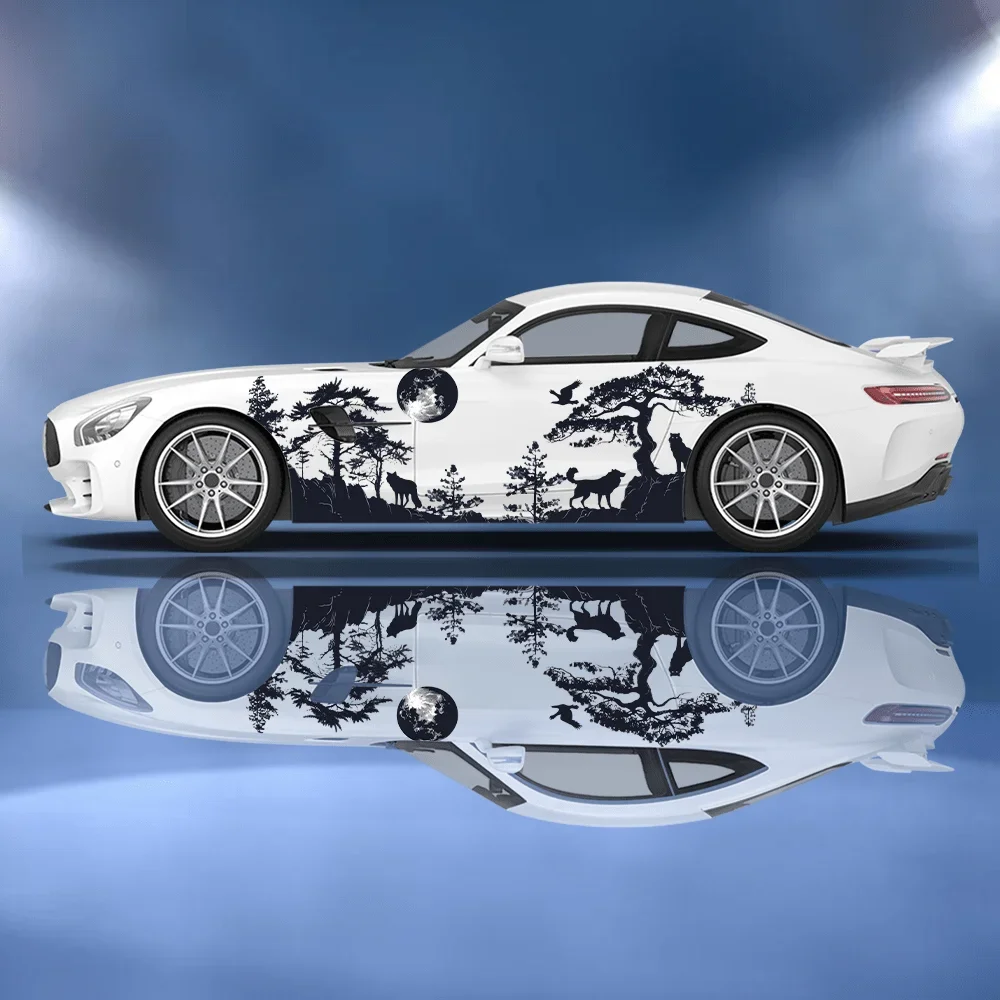 

Tree Wolf Moon Silhouette Car Vinyl Wrap Decal Self-adhesive Anti Scratch Sticker Suitable for Trucks SUV Decor Auto Accessories