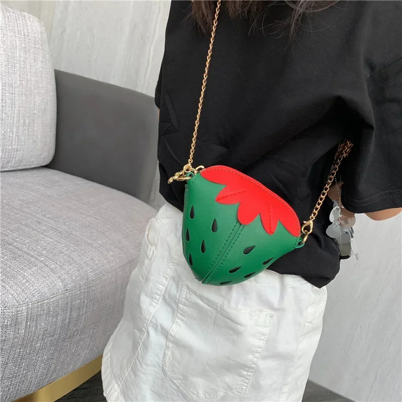 Lovely Children PU Leather Shoulder Bag Girls Handbag Cute Strawberry Chain Crossbody Bag Kids Accessories Mini Small Coin Purse