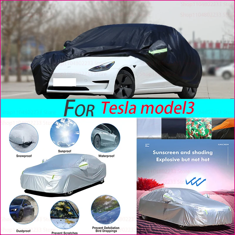 غطاء سيارة أسود شديد التحمل مقاوم للماء لجميع الأحوال الجوية، غطاء خارجي كامل للحماية من الأشعة فوق البنفسجية في الهواء الطلق من أشعة الشمس الثلجية لسيارة Tesla Model3 #1