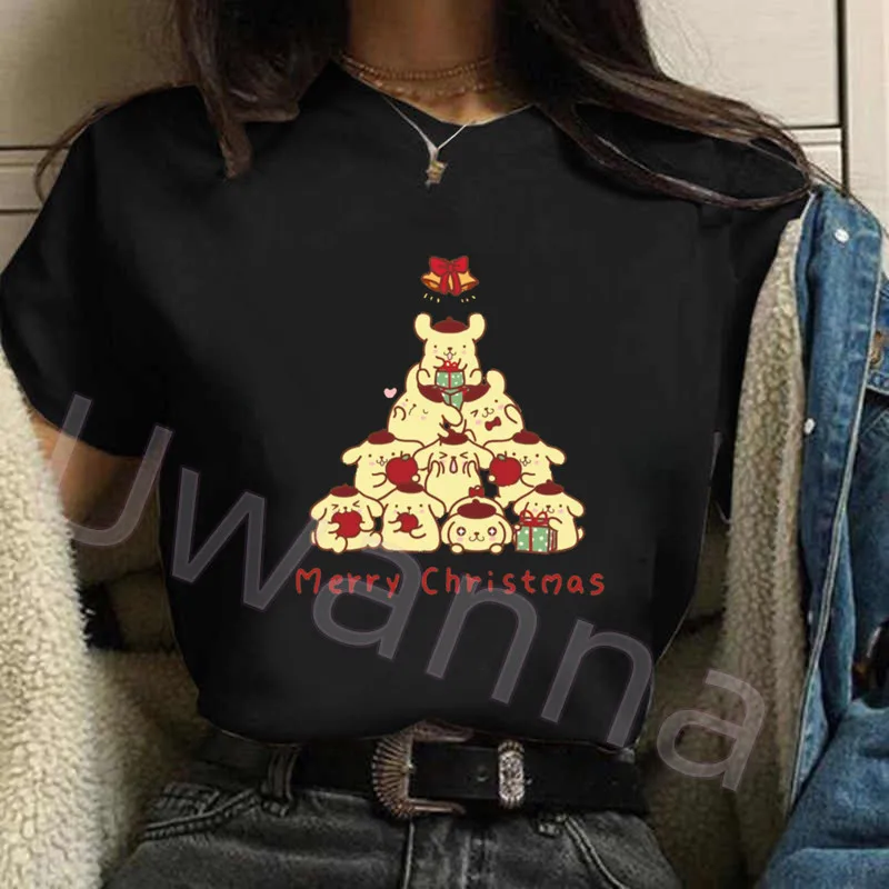 Merry Christmas Tree Print T-shirts Women cartoon Pompompurin T-shirt Summer Short Sleeve T-Shirt Casual Tops Graphic Tee Women