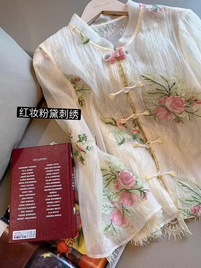 Flower Embroidery Chic Lace Splicing Tangsuit Button Shirts Women Jackets New Chinese Cheongsam Hanfu Vintage Coats Summer 2025