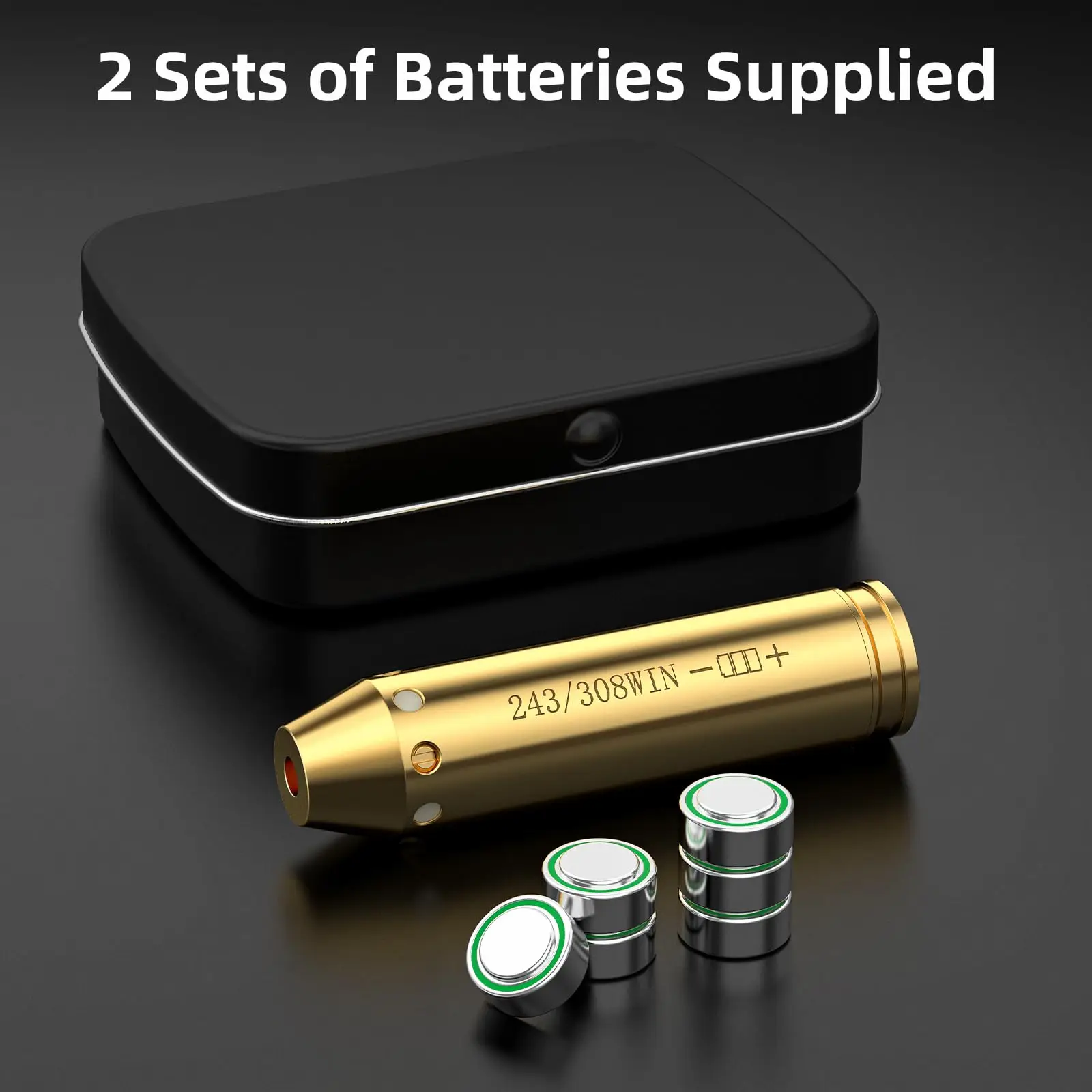 Laserowy kolimator EZshoot 243 308 z czerwonym laserem, przenośnym etui i dodatkowymi bateriami do celowania w polowaniu.