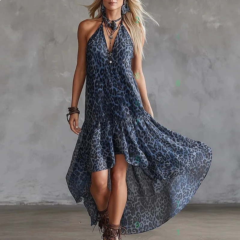 

Fashion Blue Leopard Print Chiffon Long Dress Irregular Hem Dresses Spring Summer