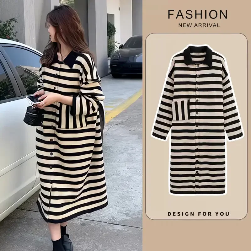 Loose Lazy Wind Nightdress Can Be Worn Outside Loose Comfort Early Spring New Style Streak Fallow Long Sleeve Knit Dresses Ms.