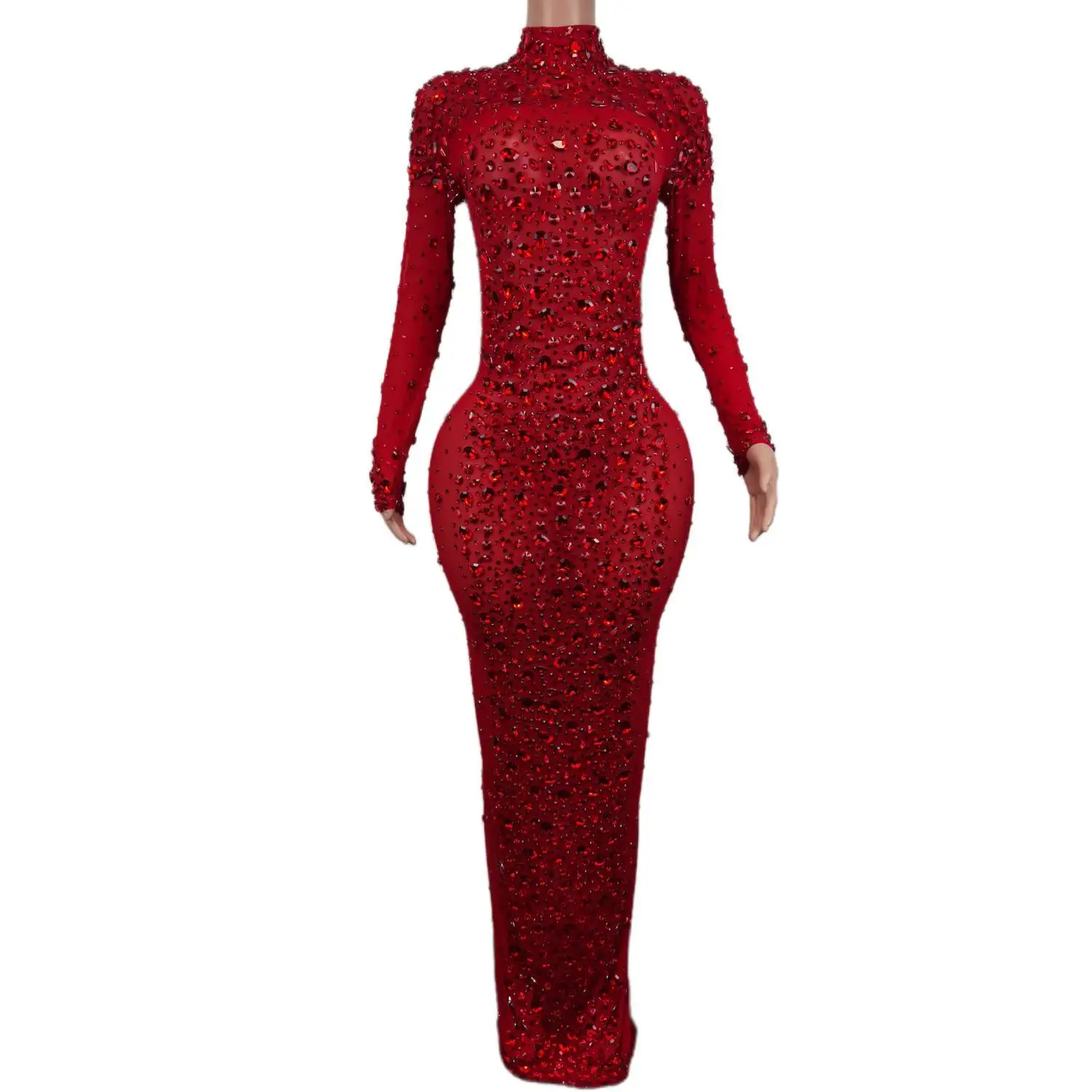 

Women Sparkly Crystals Long Dress Evening Prom Party Birthday Dress Sexy Mesh Transparent Show Stage Wear Costume Woman Cuixing