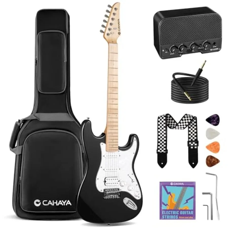 

Beginner electric guitar set for adults: 39in black solid okoume body with HSS pickup, includes amplifier, gig bag, strap, pick
