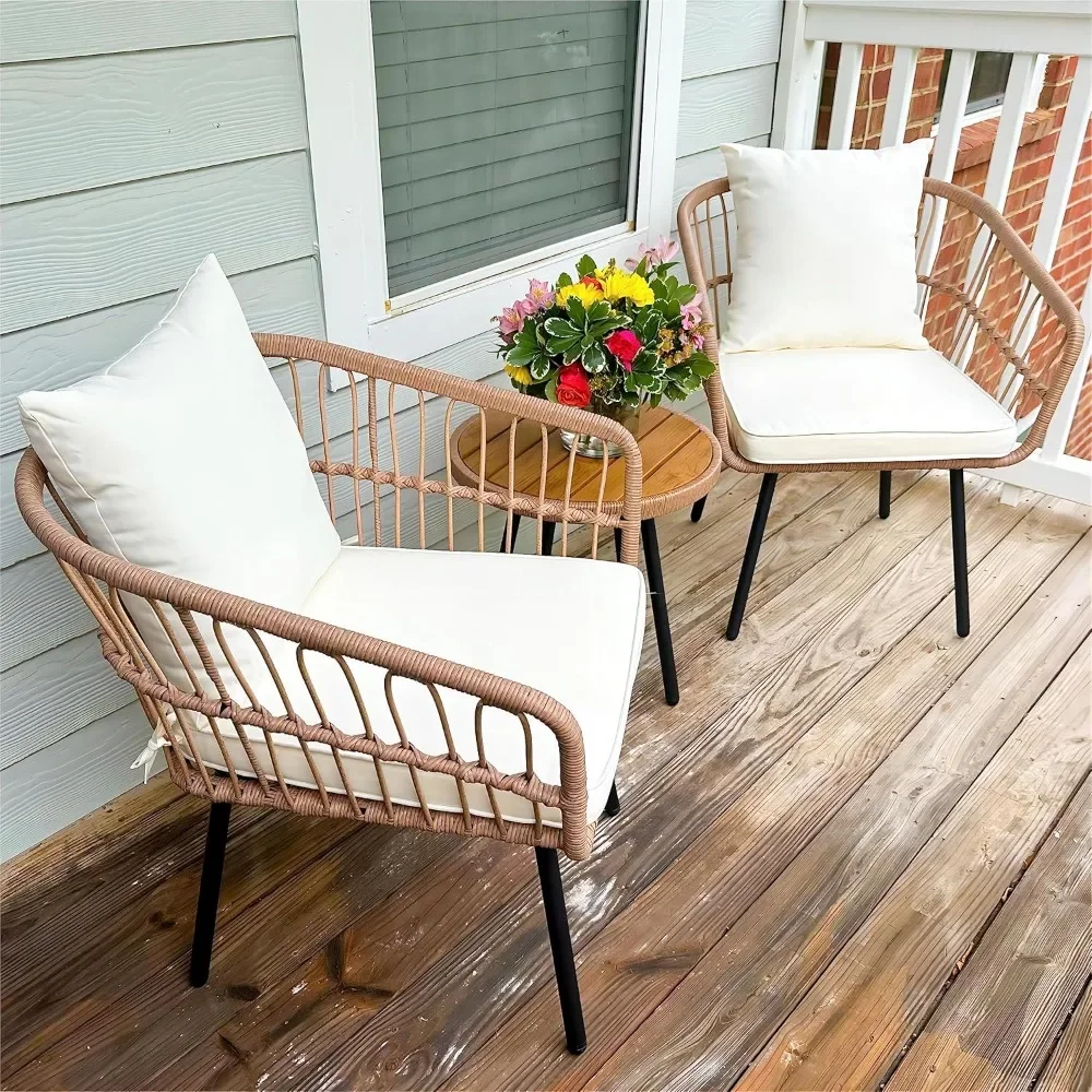 Outdoor Wicker Patio Conversation Bistro Set, All-Weather Rattan Patio Furniture Set with Table & Cushions