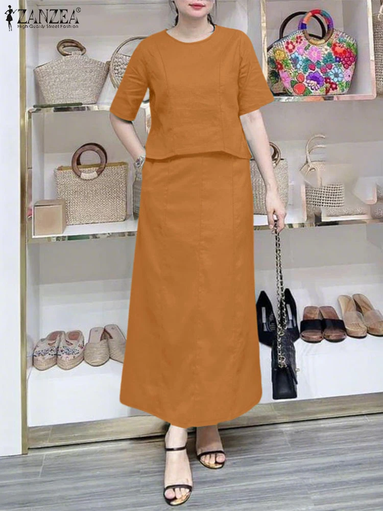 

ZANZEA O-Neck Half Sleeve Tops Commute 2 Piece Sets Solid A-Line Maxi Skirts Casual 2025 Summer 2PCS Outfits Womens Skirt Sets